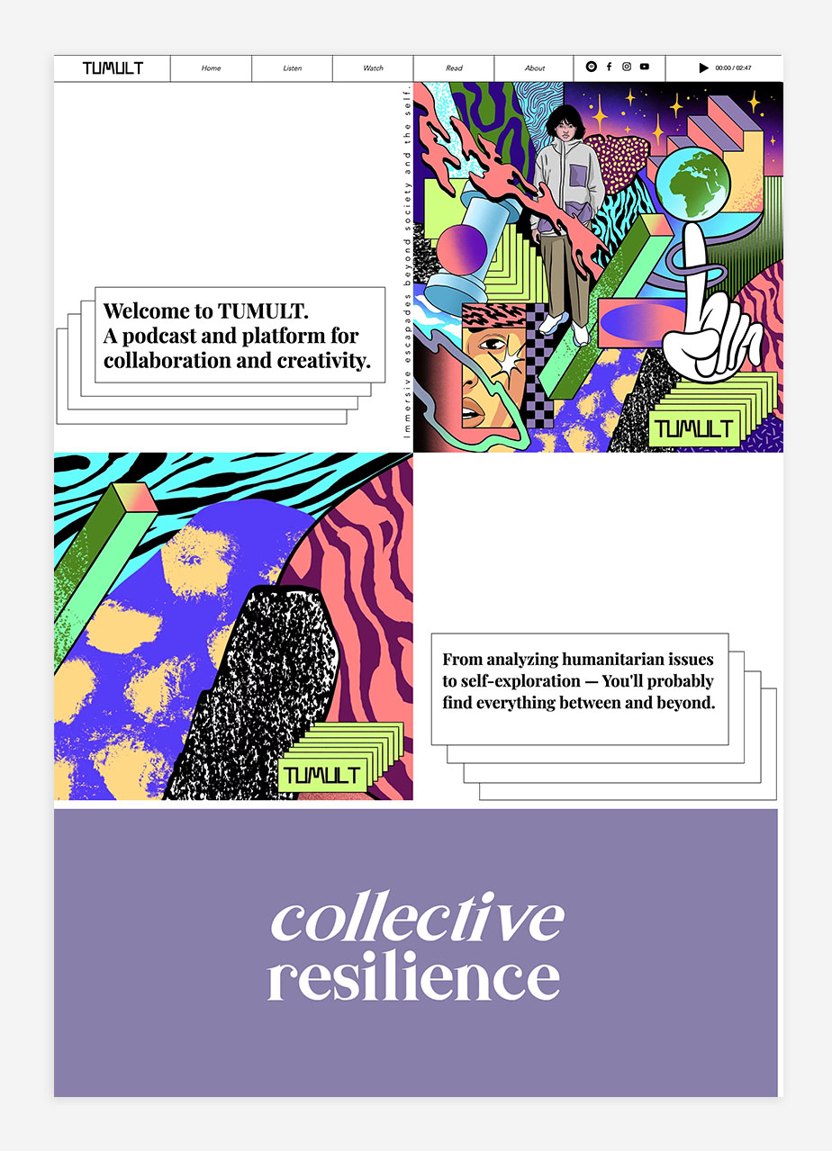 Webseite von tumult.online, die ein symmetrisches Layout mit überlappenden, schwarzen Rahmen und 90er Jahre Grafik zeigt.