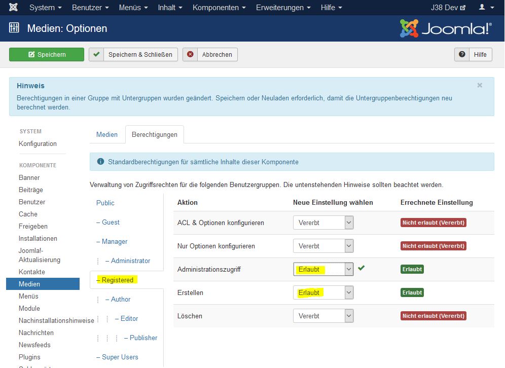 Joomla Medien Berechtigungen zum Upload