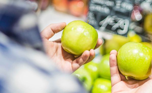 Ein Mann hält zwei frische grüne Äpfel in der Hand.